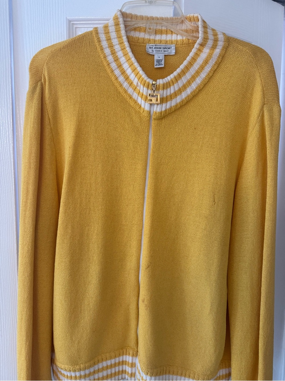 St. John Yellow Zip-Front Cardigan with White Trim